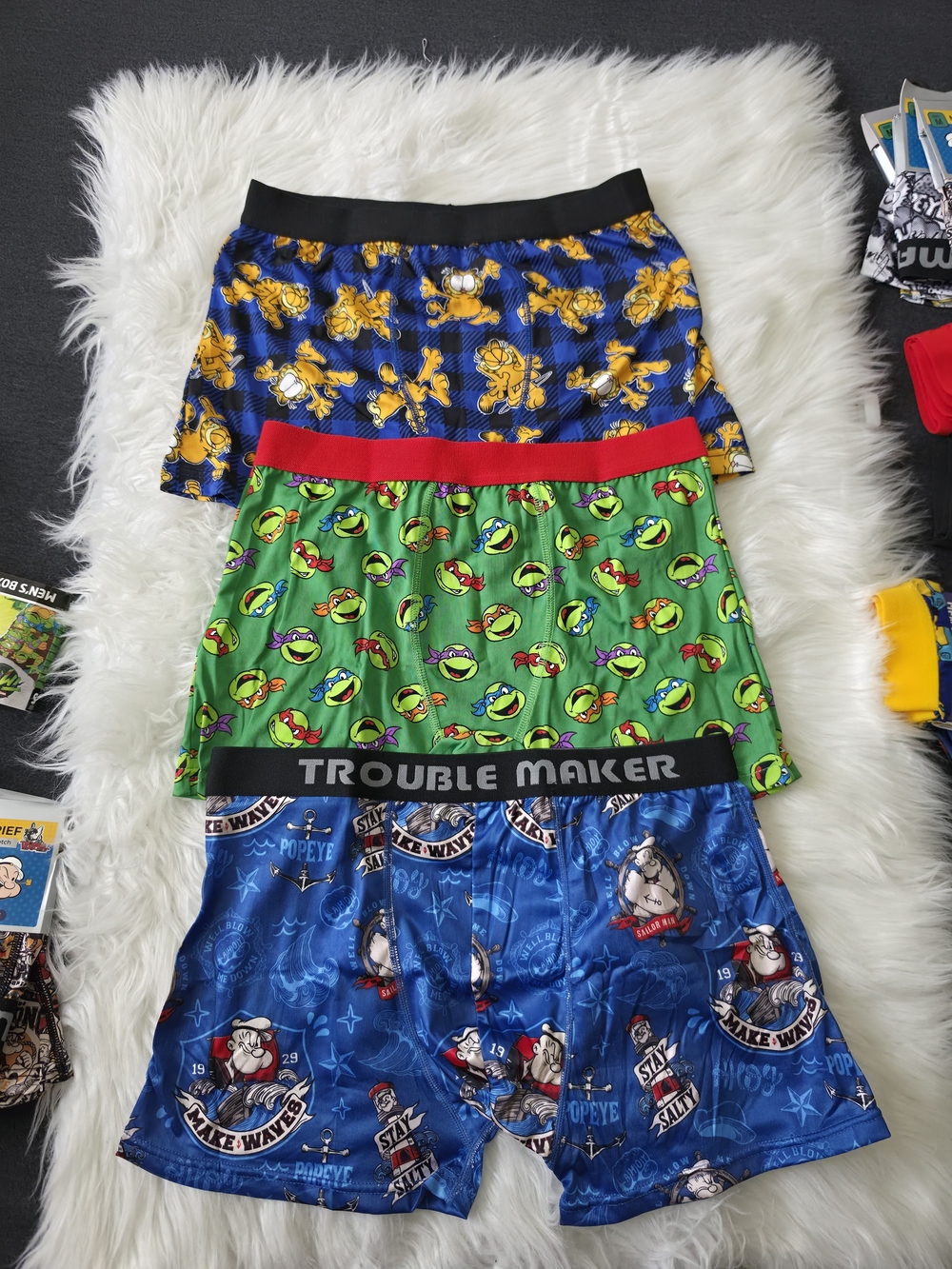 Men's Athletic Boxer Shorts Trio - Green & Blue Cartoon Prints